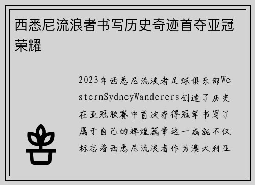 西悉尼流浪者书写历史奇迹首夺亚冠荣耀