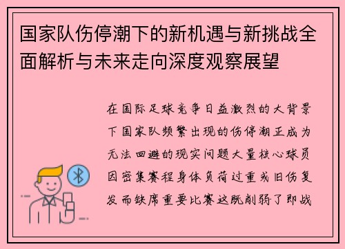 国家队伤停潮下的新机遇与新挑战全面解析与未来走向深度观察展望